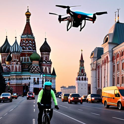 Home 11 **Prompt:** A futuristic cityscape at dusk, featuring delivery drones soaring between skyscrapers, each carrying a small package. Below, autonomous delivery vehicles navigate the streets, while cyclists on electric bikes weave through traffic. Incorporate elements of Moscow architecture, such as St. Basil's Cathedral in the background. Focus on capturing a sense of speed, efficiency, and technological advancement in urban logistics. The style should be vibrant and dynamic, with neon accents.