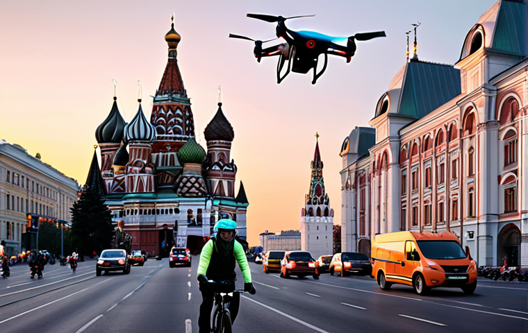 **Prompt:** A futuristic cityscape at dusk, featuring delivery drones soaring between skyscrapers, each carrying a small package. Below, autonomous delivery vehicles navigate the streets, while cyclists on electric bikes weave through traffic. Incorporate elements of Moscow architecture, such as St. Basil's Cathedral in the background. Focus on capturing a sense of speed, efficiency, and technological advancement in urban logistics. The style should be vibrant and dynamic, with neon accents.