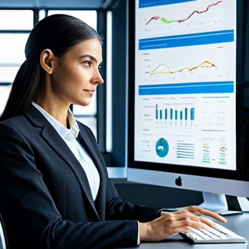 Home 6 A professional female business leader in a modest, modern business suit, seated at a sleek, glass-top desk in a sunlit, high-tech office. She is looking confidently at a holographic display showing a real-time analytics dashboard of optimized logistics flows, with data visualizations of routes and warehouse operations. In the background, through a large window, a futuristic, automated warehouse is visible, featuring robotic arms handling packages with precision. The scene emphasizes strategic control and peace of mind. Fully clothed, appropriate attire, modest clothing, safe for work, appropriate content, professional, perfect anatomy, correct proportions, natural pose, well-formed hands, proper finger count, natural body proportions, high-quality photograph, realistic lighting, sharp focus.