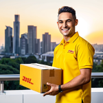 DHL Express Delivery**

A fully clothed DHL delivery person in a bright yellow uniform, holding a package with a smile, standing in front of a modern city skyline at sunset. The scene should convey speed and efficiency. Safe for work, appropriate content, professional, perfect anatomy, correct proportions, well-formed hands, natural pose, high resolution.

**