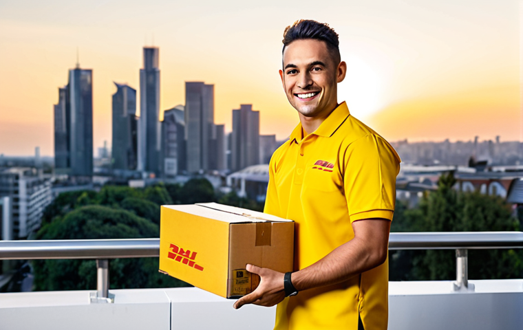 DHL Express Delivery**

A fully clothed DHL delivery person in a bright yellow uniform, holding a package with a smile, standing in front of a modern city skyline at sunset. The scene should convey speed and efficiency. Safe for work, appropriate content, professional, perfect anatomy, correct proportions, well-formed hands, natural pose, high resolution.

**